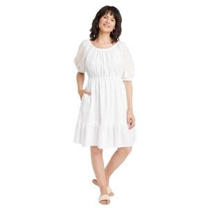 Knox Rose Women's White w Cream 3/4 Sleeve Lace Sundress Lined w Pockets NEW NWT